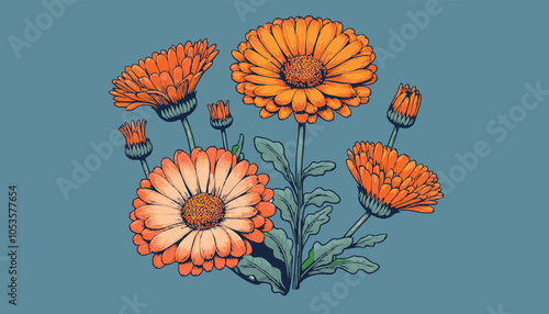 Calendula flower flat vector illustration.
The Cute Calendula Flower vector artwork is a charming and vibrant digital illustration.
A Calendula flower illustration.