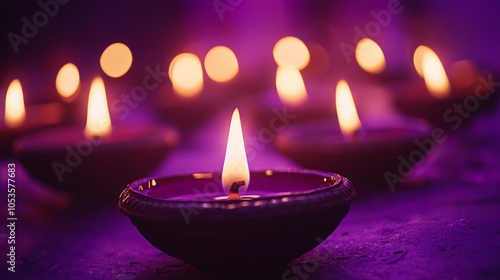 Festive Diwali Scene with Oil Lamps and Purple Background
 photo