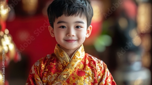 Young Chinese boy with traditional attire and a playful smile. photo