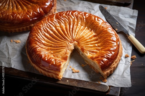 galette des rois cake on food paper with knife