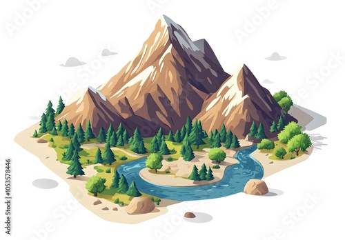 Isometric mountain landscape with forest and river, vector illustration on a white background photo