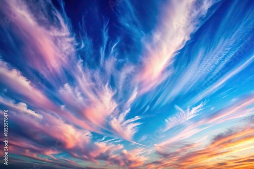 Wispy clouds with blue and pink background Panoramic