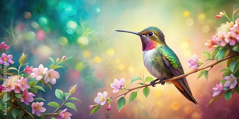 Fototapeta premium Wistful painting of hummingbird with flowers from high angle view
