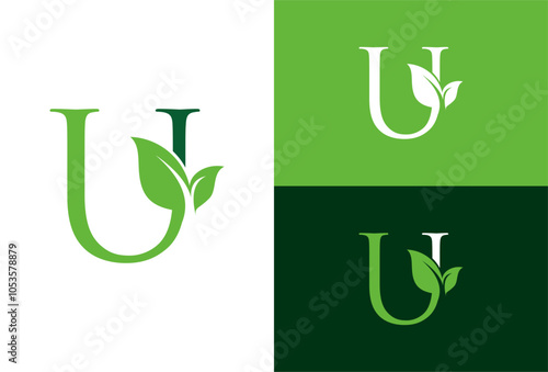 Green eco letters U logo with leaves. symbol alphabet botanical natural. template leaf logo