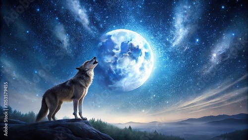 Wallpaper Mural Wolf howling at moon under starry sky tilted angle Torontodigital.ca