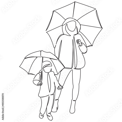 One continuous single drawing line art flat doodle mother, woman, child, umbrella, day, rain, autumn. Isolated image hand draw contour on a white background
