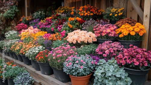 Colorful Potted Flowers Arranged On Wooden Shelf