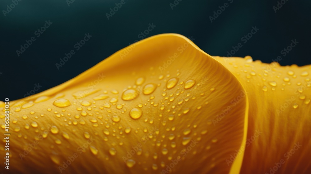 Yellow petal with dewdrops against a dark green background, AI Yellow petal with dewdrops against a dark green background, AI