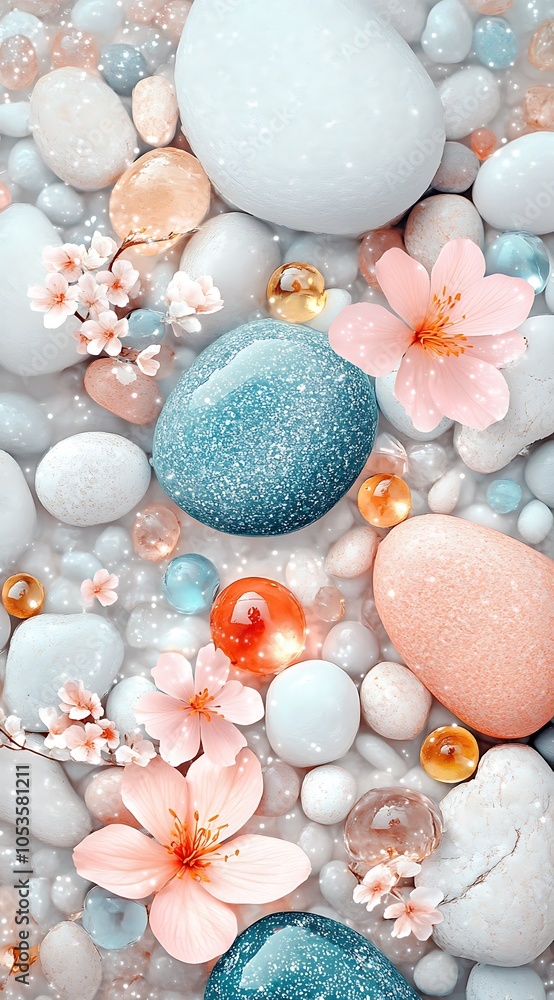 Obraz premium Watery Flowers Resting On Smooth River Rocks