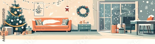 Adorable Christmas home, wintery natural decor, festive lights, flat design illustration photo