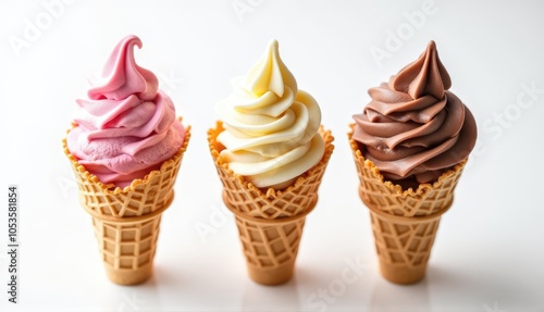 Wallpaper Mural Delightful trio of soft serve ice cream cones showcasing pastel pink, creamy yellow, and rich chocolate swirls on a bright backdrop Torontodigital.ca