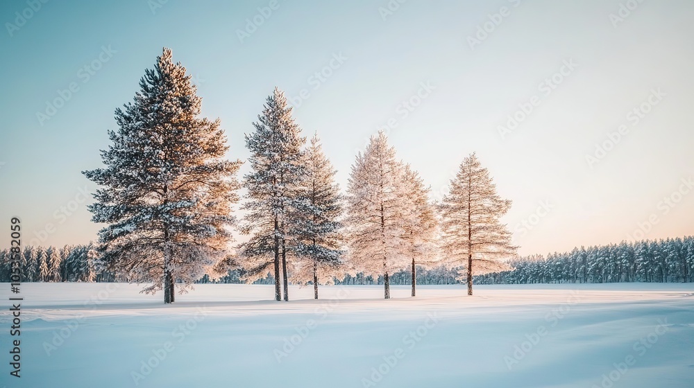 Snow-covered trees stand tall in a serene winter landscape at dawn, capturing the peaceful beauty of nature Snow-covered trees stand tall in a serene winter landscape at dawn, capturing the peaceful beauty of nature