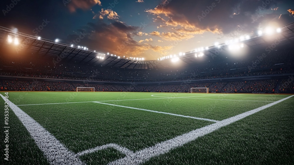 Fototapeta premium Evening football stadium with green field and bright flashes of light. 3D Rendering.