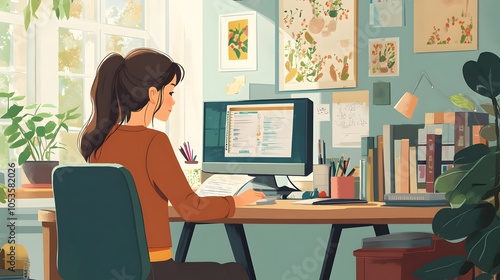 Woman working in her home office. 