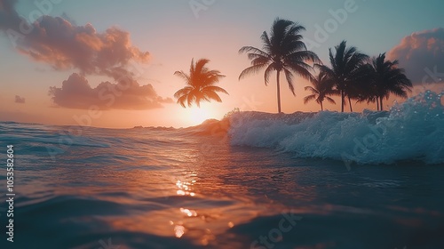 Sunset over a serene tropical beach with gentle waves and silhouetted palm trees in the evening sky