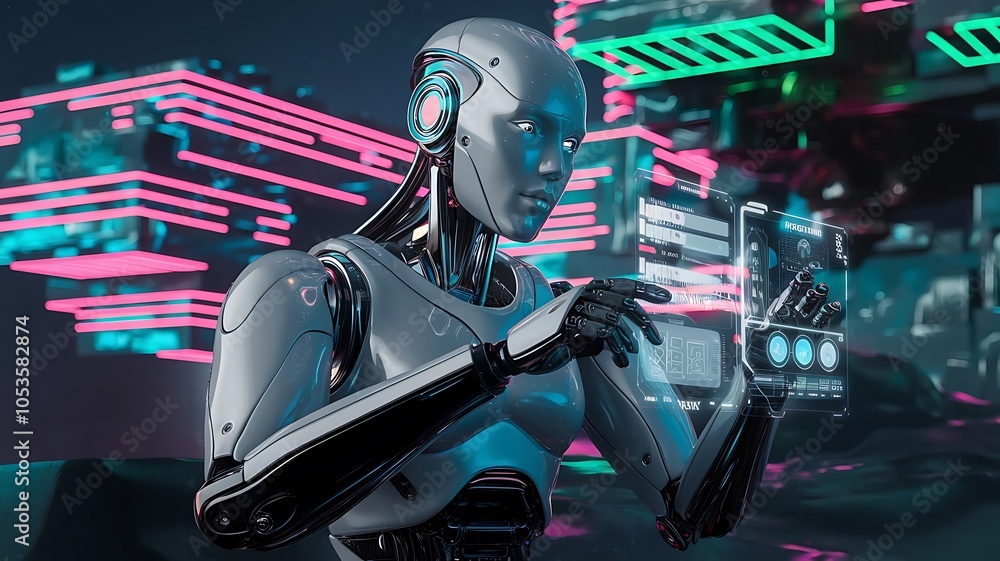 Fototapeta premium Advanced Futuristic Robot Interacting with Holographic Interface, Cutting-Edge Robot with Reflective Design and Holographic Display