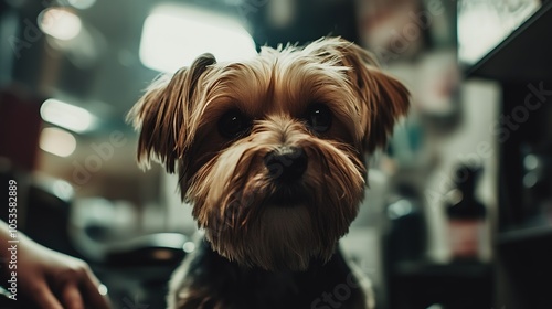 A small Yorkshire Terrier getting groomed in a pet salon during the day with bright lights illuminating the area