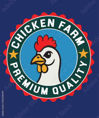 Chicken Farm Premium Quality logo with a cartoon-style chicken, perfect for branding, packaging, or farm-related businesses. Vibrant design in red, blue, and green for a professional look.