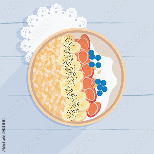 Oatmeal bowl with banana, strawberries. Healthy oats bowl flatlay top view vector.