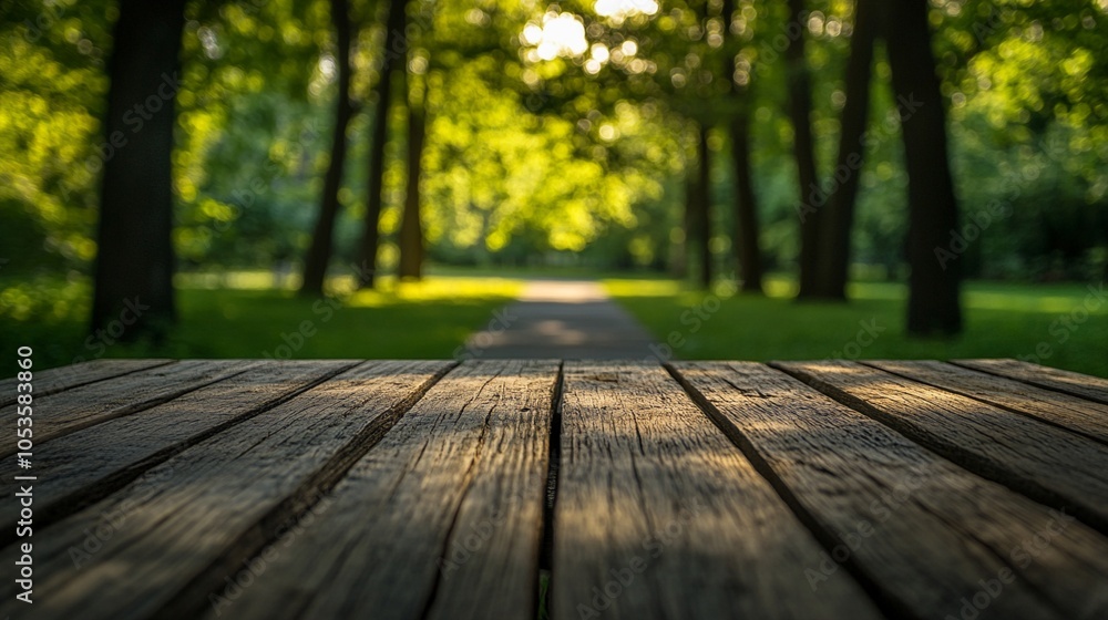 Rustic wooden deck overlooking a serene park path winding through lush green trees, bathed in warm sunlight. Perfect spot for relaxation and nature appreciation. Rustic wooden deck overlooking a serene park path winding through lush green trees, bathed in warm sunlight. Perfect spot for relaxation and nature appreciation.