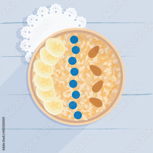 Oatmeal bowl with Banana and Blueberries.  Top View, Flatlay. Vector  Illustration. Stock Vector - Illustration of breakfast.