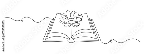 Opened book and Lotus flower in one continuous line drawing. Yoga studio logo and wellness spa banner in simple linear style. Water lily editable stroke. Doodle vector illustration.