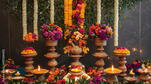 A beautifully arranged set of Diwali lamps with colorful decorations and flowers. --ar 16:9 --v 6.1 Job ID: 9f5d5c9c-6963-4488-ad06-40a5dbb817a4 photo