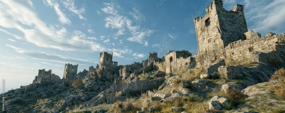 Ruins of a historic castle on a rocky hillside under a blue sky. Ruins of a historic castle on a rocky hillside under a blue sky.