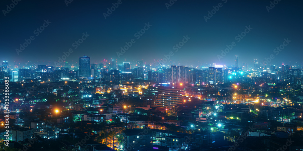This image captures a vibrant cityscape illuminated at night, showcasing a dazzling array of colorful lights and skyscrapers under a clear night sky. This image captures a vibrant cityscape illuminated at night, showcasing a dazzling array of colorful lights and skyscrapers under a clear night sky.