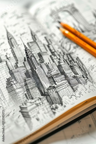 Wallpaper Mural A detailed sketch of a city skyline featuring towering buildings and intricate architecture drawn in a sketchbook with pencils Torontodigital.ca
