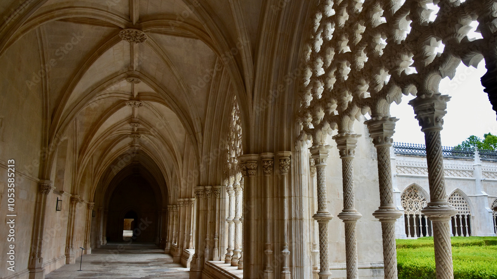 Vaulted Arcade in Portuguese Monastery with View of Courtyard, Frame Right Vaulted Arcade in Portuguese Monastery with View of Courtyard, Frame Right