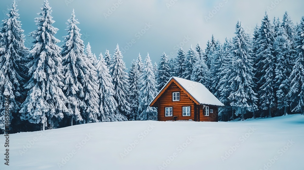 Cozy log cabin surrounded by snow-covered trees at dusk, offering a warm glow in a winter landscape Cozy log cabin surrounded by snow-covered trees at dusk, offering a warm glow in a winter landscape