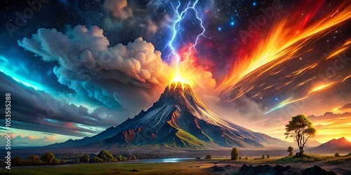 A fiery eruption illuminates the sky as celestial bodies dance across the heavens, casting an ethereal glow on a majestic mountain range. photo