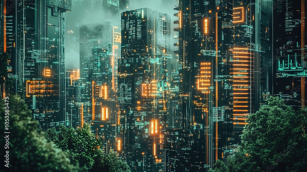 Obraz premium A vibrant city skyline at dusk with illuminated buildings and lush greenery in the foreground creating a lively urban atmosphere