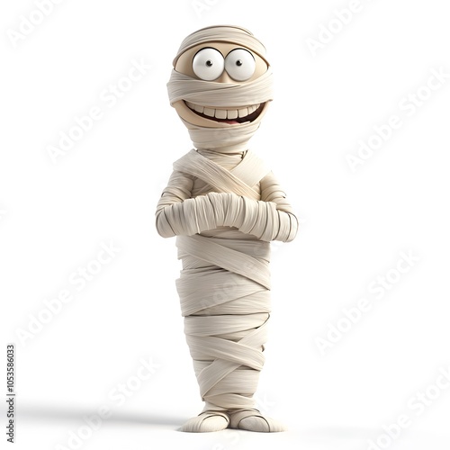 3D cartoon of a happy mummy with bandages wrapped around its body on a white background.