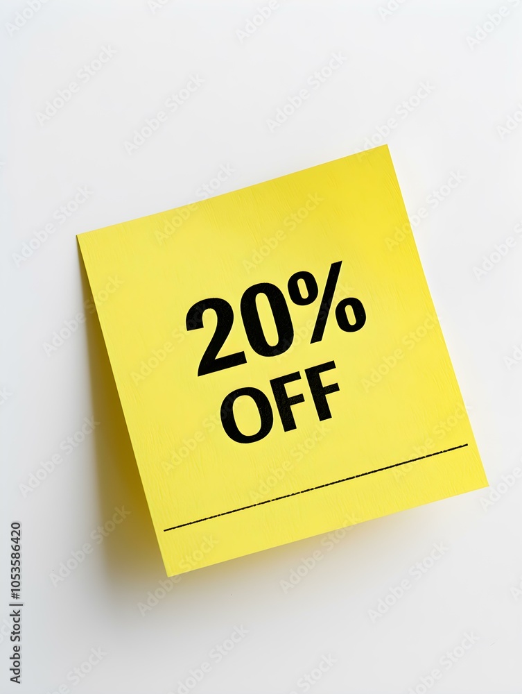 Black '20% OFF' Text on a Yellow Square Paper Note. White Background Black '20% OFF' Text on a Yellow Square Paper Note. White Background