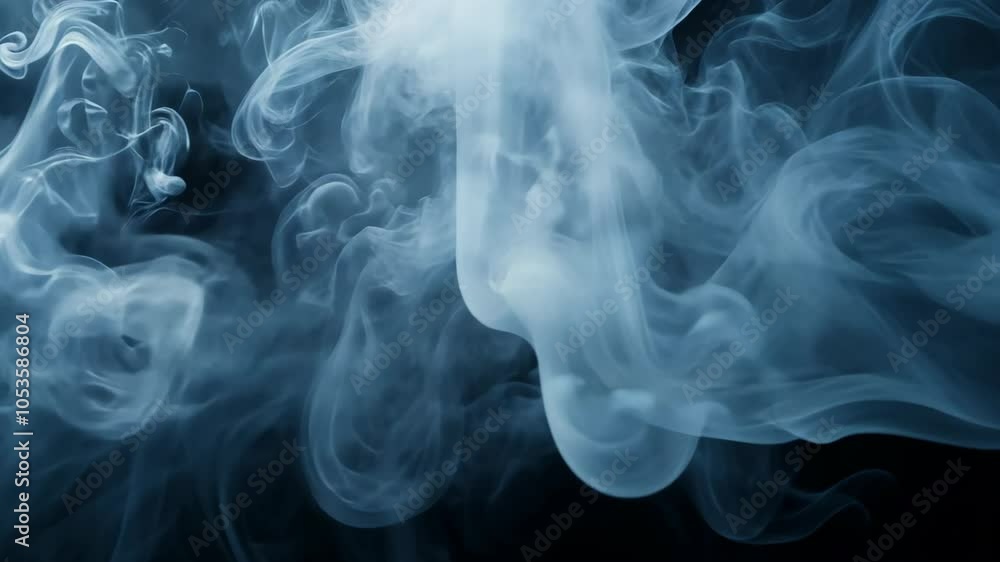 A wispy plume of smoke billows against a dark background, creating an abstract pattern A wispy plume of smoke billows against a dark background, creating an abstract pattern