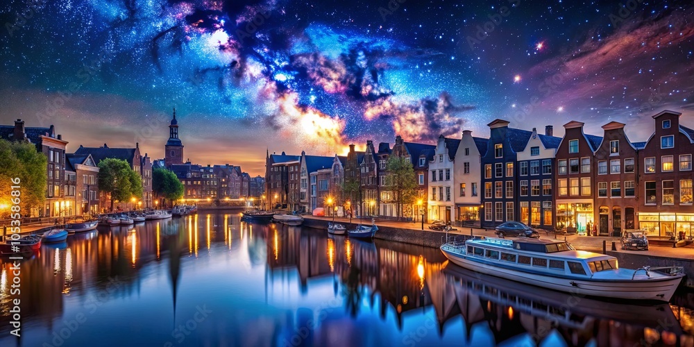 A serene canal, reflecting the twinkling lights of quaint buildings and a magnificent star-filled sky, creating a picturesque night scene. A serene canal, reflecting the twinkling lights of quaint buildings and a magnificent star-filled sky, creating a picturesque night scene.
