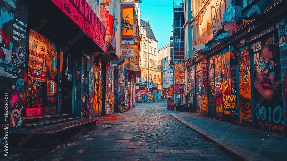 Naklejka premium A solitary figure walks along a vibrant, colorful mural in an urban setting during the evening hours, blending art and solitude seamlessly
