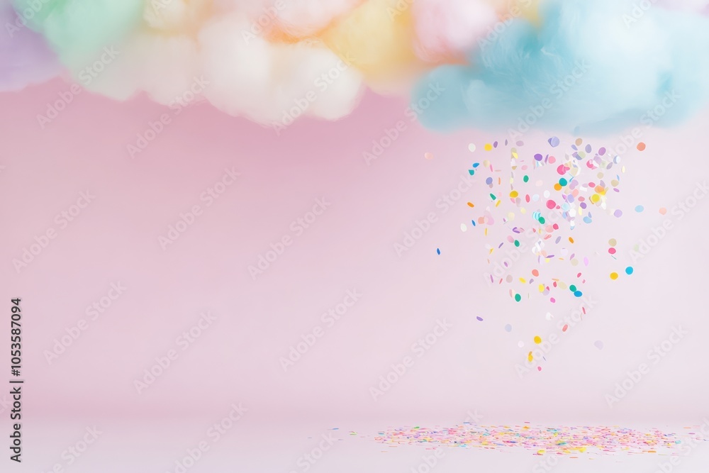 Whimsical Cloud with Colorful Confetti Rain on Pastel Pink Background Whimsical Cloud with Colorful Confetti Rain on Pastel Pink Background
