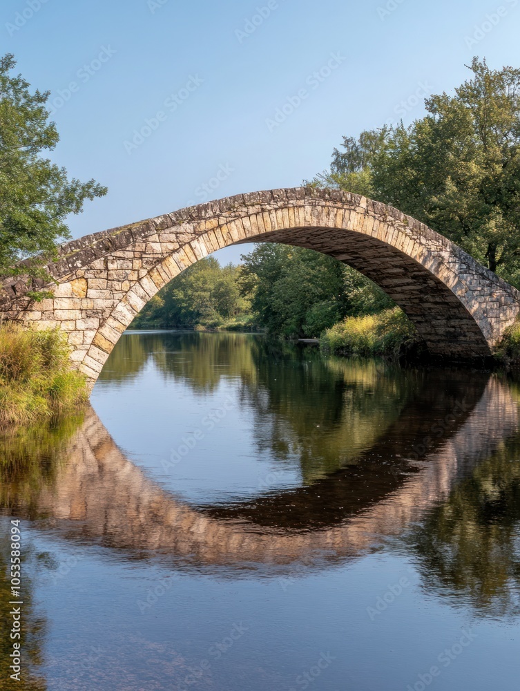 Fototapeta premium A stone arch bridge reflected in calm waters, surrounded by lush greenery and a clear sky.