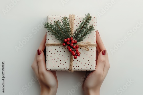 Elegant Christmas Gift with Festive Wrapping, Pine Sprigs, and Red Berries photo