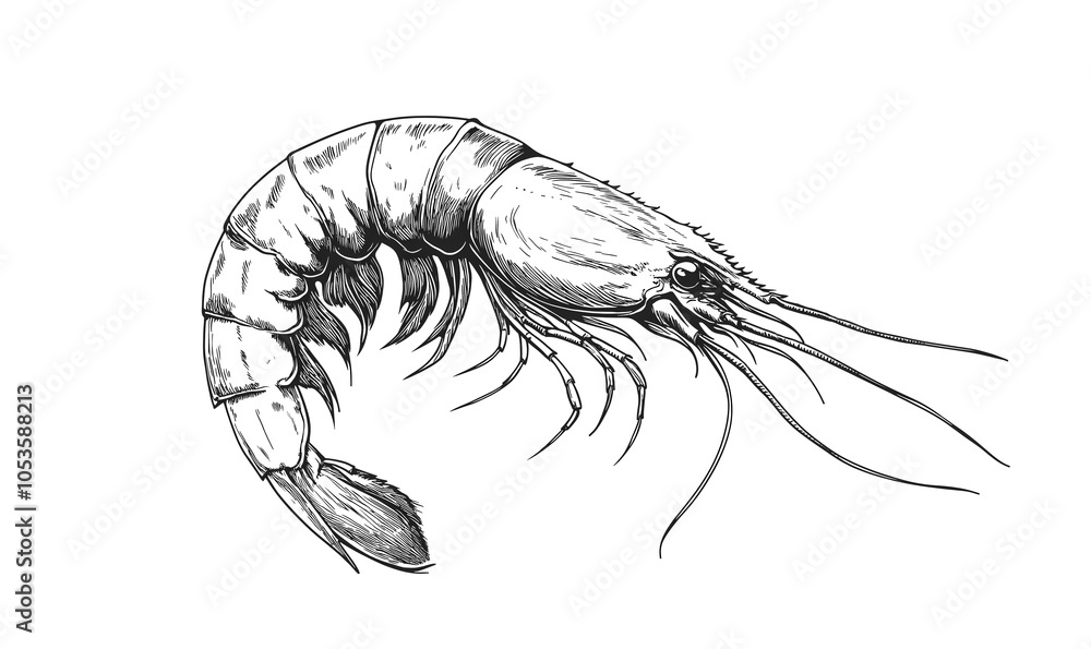 Fototapeta premium Seafood, shrimp prawn. Vintage retro print, black white seafood shrimp prawn sketch ink pencil style drawing, linear drawing, engrave old school. Sketch artwork shrimp prawn, seafood. Illustration