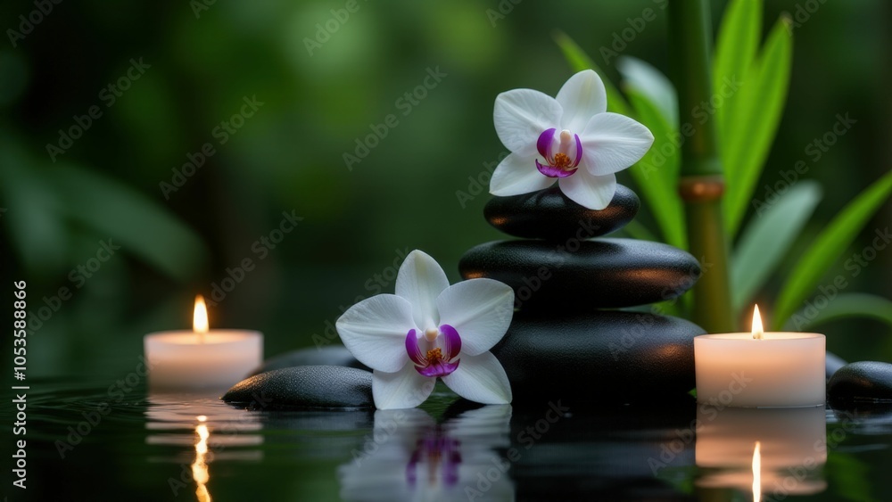 Stacked zen stones with orchids and candle in a calming, green background, perfect for relaxation Stacked zen stones with orchids and candle in a calming, green background, perfect for relaxation