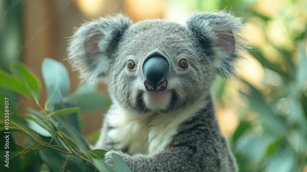 Fototapeta premium Close-up portrait of a Koala looking at the camera with a soft focus background of green foliage