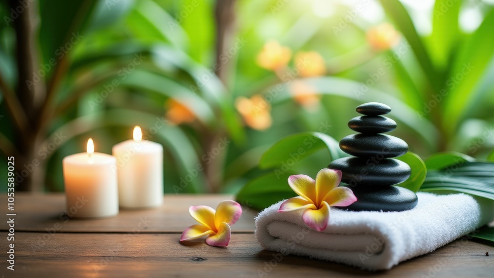 Zen stones, tropical flowers, and candle in a spa setting surrounded by lush greenery Zen stones, tropical flowers, and candle in a spa setting surrounded by lush greenery