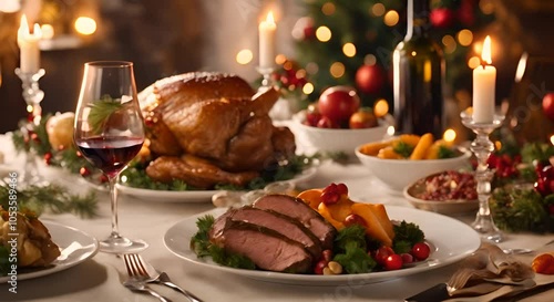 Delicious christmas dinner is served on a festive table complete with roasted meat vegetables and wine glasses creating a warm and inviting holiday ambiance 4K