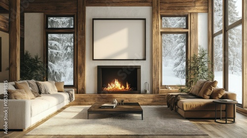 Rustic living room with an empty frame above the fireplace