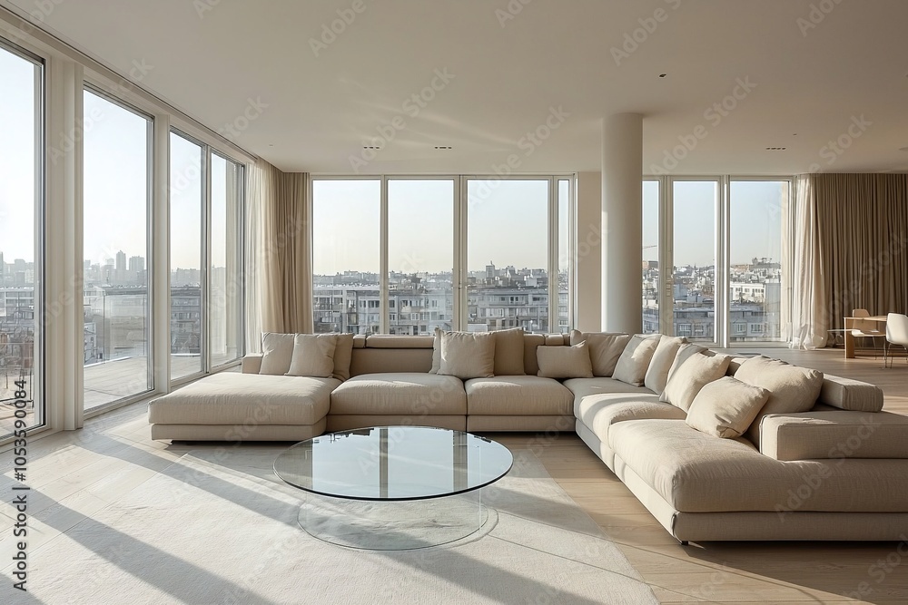 A mid century modern interior with a large window and a spacious living room with a sofa and table. Generative AI
A mid century modern interior with a large window and a spacious living room with a sofa and table. Generative AI