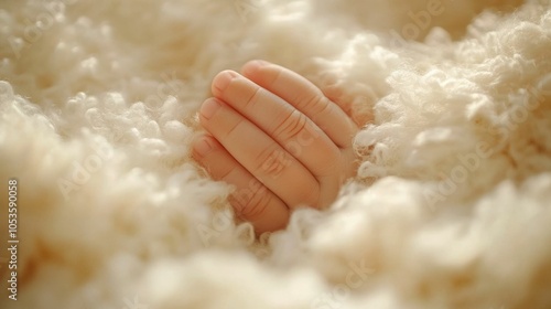 Closeup of a newborn baby s tiny delicate hand resting peacefully on a soft comforting blanket with gentle warm lighting enveloping the serene tender scene photo